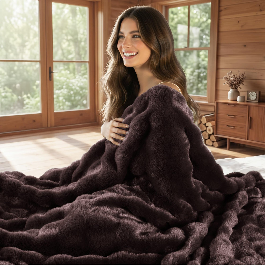 Faux Fur Throw Blanket for Couch, 3D Bubble Blankets