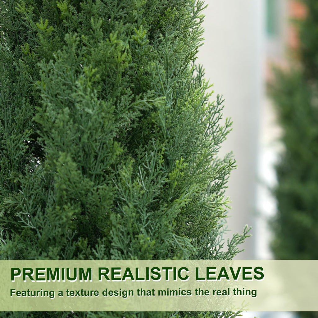 4FT Artificial Cedar Topiary Trees with Rustic Barrel Planter, Outdoor Indoor Realistic Faux Pine Shrubs Plants, Fake