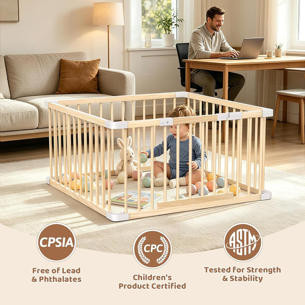 Small Wooden Baby Playpen, 36x36x24 Inch with Dual-Lock Safety Gate | Easy Assembly Activity Center, Space-Saving