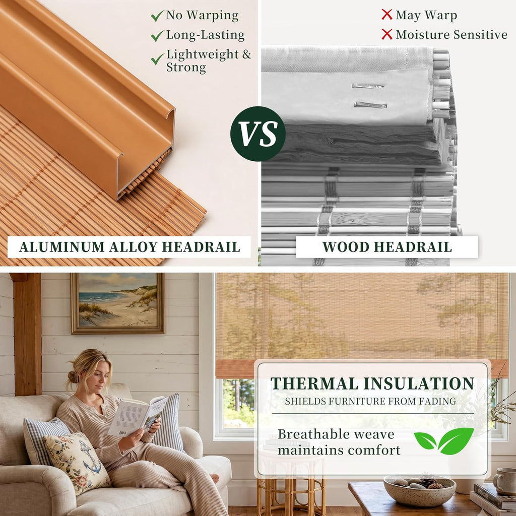 No Drill Cordless Bamboo Roman Shades with Matching Valance, Light Filtering Natural Woven Roll Up Blinds , and