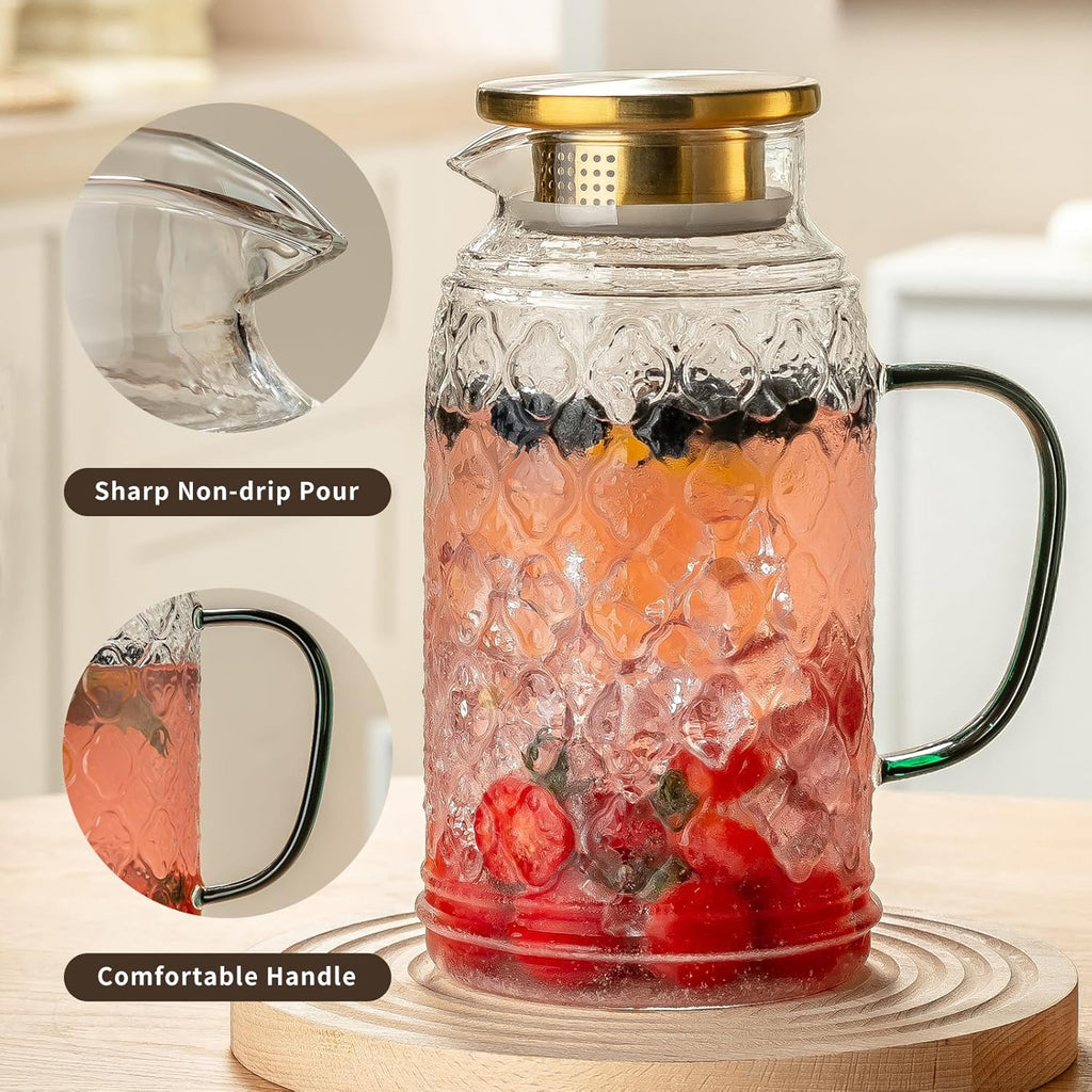 Glass Pitcher with Lid, 2 PACK 68 oz/2 Liter Vintage Water Pitcher, Clear Borosilicate Glass Water Carafe for Cold