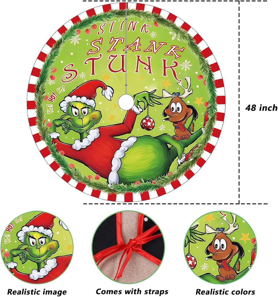 48 Inch Christmas Tree Skirt - Soft and Funny Farmhouse Christmas Tree Collar with Red & Green Trim Decor Xmas