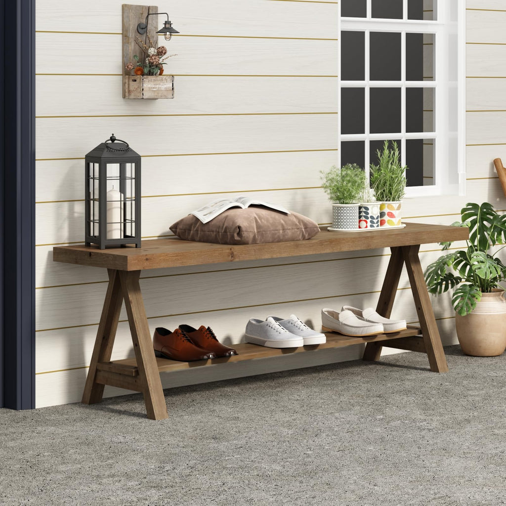 54" Solid Wood Bench, Long Entryway Bench with Shoe Storage