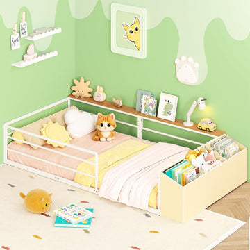 Twin Montessori Floor Bed Frame with Storage | Storage Organizer and Side Shelf, High Guardrail and Wide Entrance, No