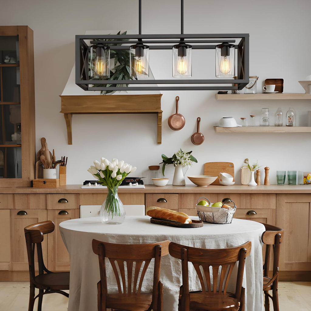Farmhouse Dining Room Light Fixture - 4 Light Kitchen Island Lighting with Adjustable Height & Thickened Metal Dining