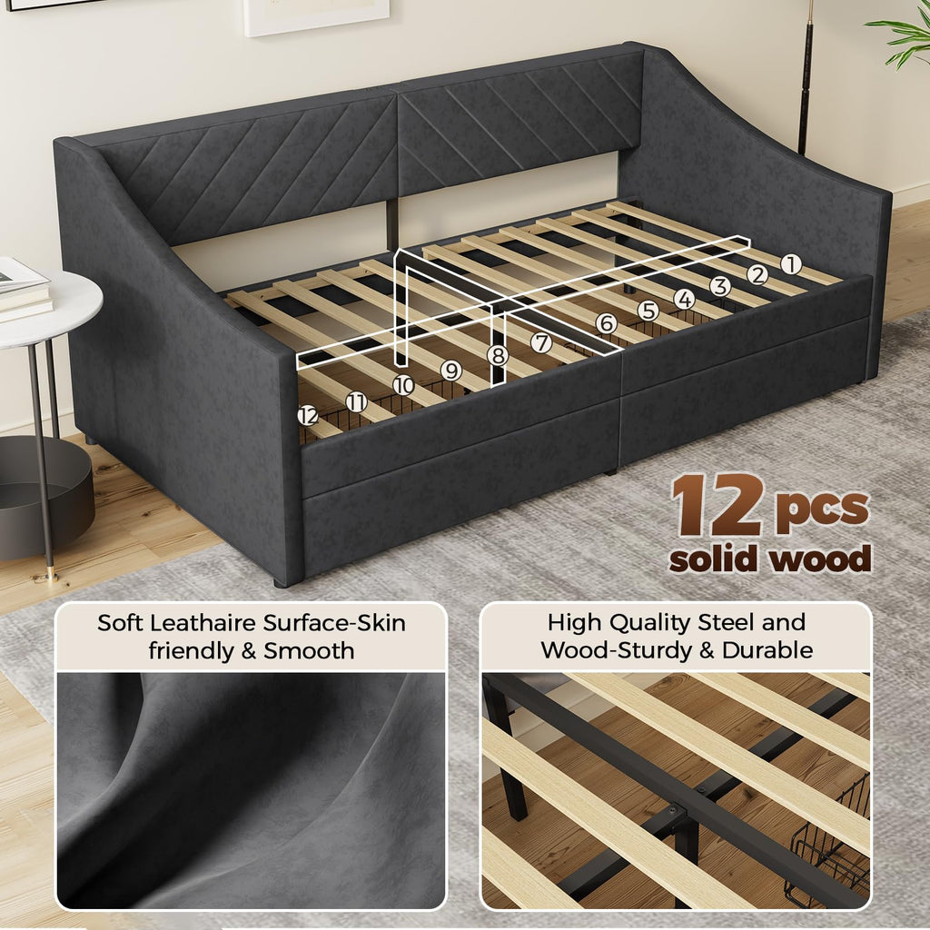 Twin Size Daybed with 2 Storage Drawers, Upholstered Daybed Frame with Charging Station, Heavy Duty Sofa Bed, No Box
