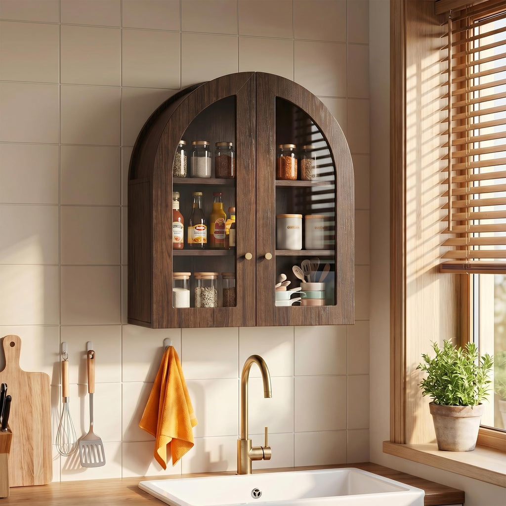 Arched Wall Cabinet, Bathroom Cabinet Wall Mount with Glass Doors & Adjustable Shelf, Floating Medicine Cabinet