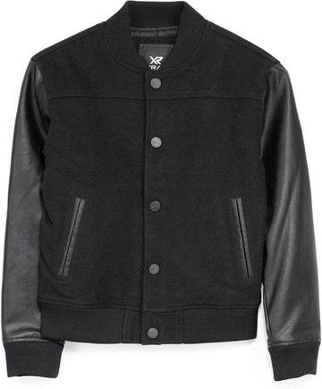 Boys Outerwear Coat with Faux Leather, Wool Varsity Bomber Jacket for Kids W/Grainy PU Sleeves for Boys