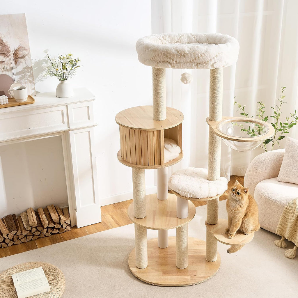 Wood Modern Cat Tree, 65" Cat Tower with Sisal Scratching Posts, Cat Condo, Capsule and Bed, Solid Wooden Aesthetic