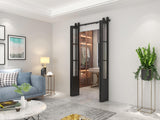 48 in. x 84 in. 3/4 Lites Frosted Glass Black Steel Frame Double Bi-Fold Barn Doors with Hardware Ki