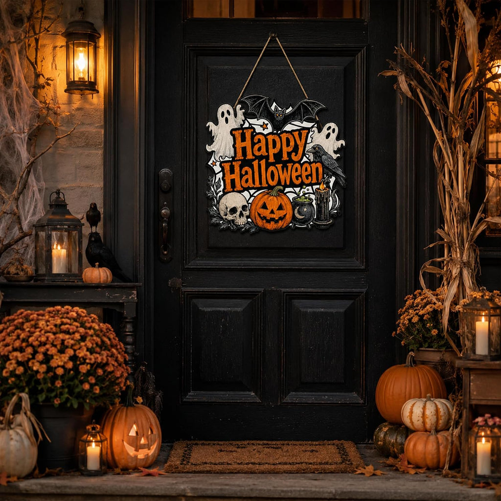 Halloween Door Decoration Sign, Halloween Pumpkin Bat Witch Wreath Front Door Hanger, Spooky Wooden Sign Outdoor