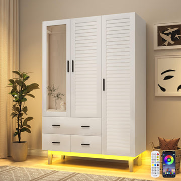 3 Door Armoire Wardrobe Closet Cabinet with Drawers and LED Lights, Multi-Tier Shelves, Hanging Rod & 3 Louver Doors