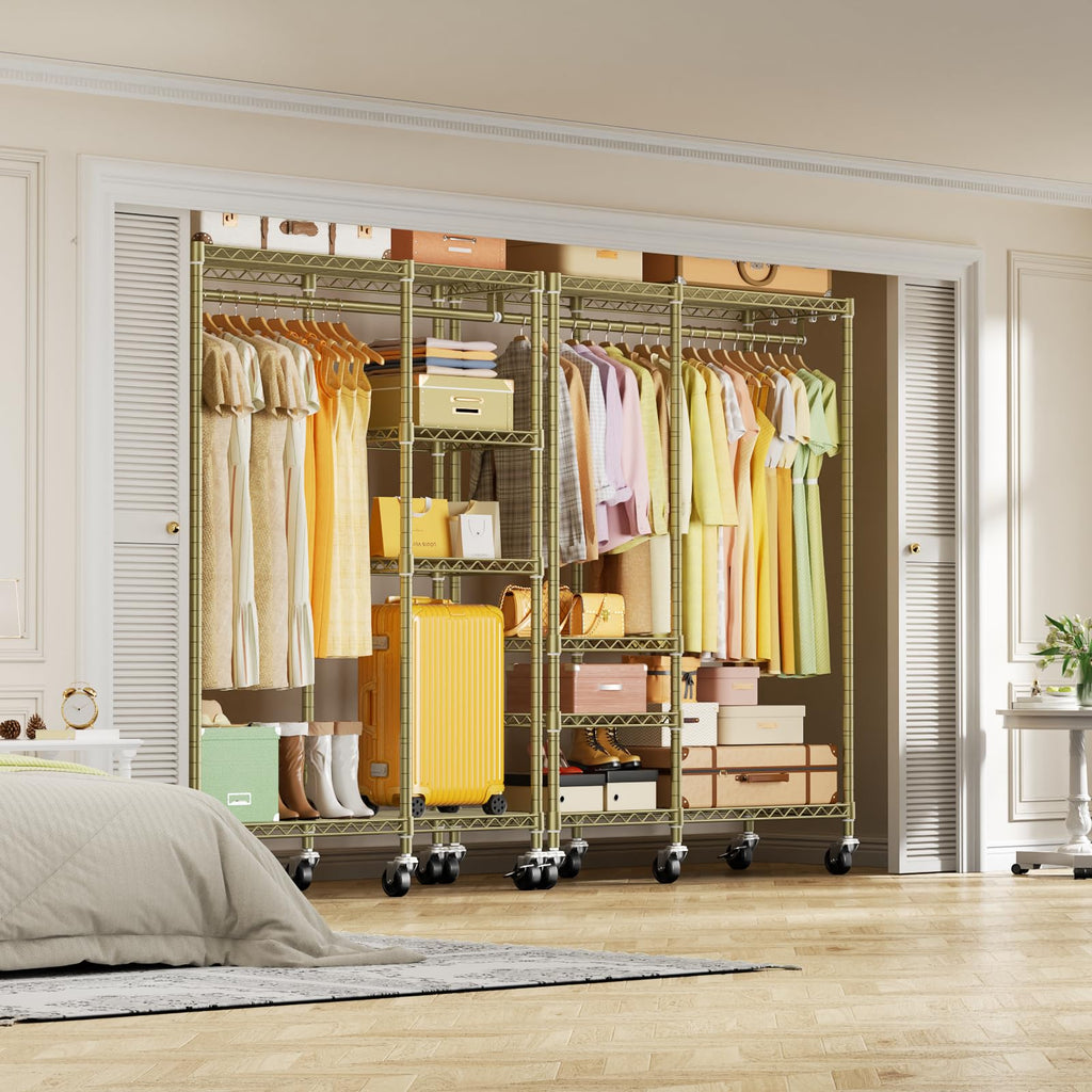 F4R Heavy Duty Clothes Rack(With Lockable Wheels )Rolling Clothing Racks for Hanging Clothes, Adjustable Closet
