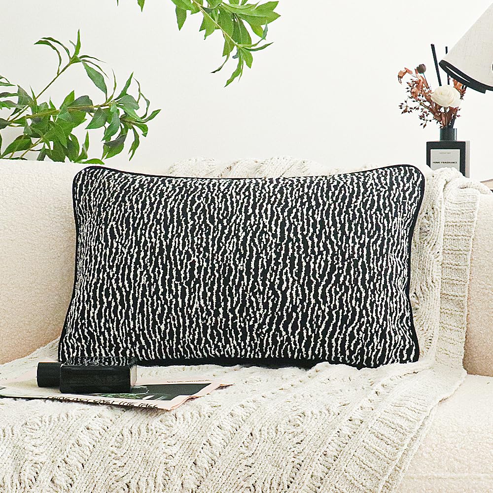 Black White Boho Textured Abstract Throw Pillow Cover, Geometric Minimalist Lumbar Pillowcase for Couch Sofa Bed