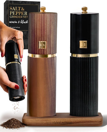 Wooden Salt and Pepper Grinder Set, Black and Dark Wood - Set of 2