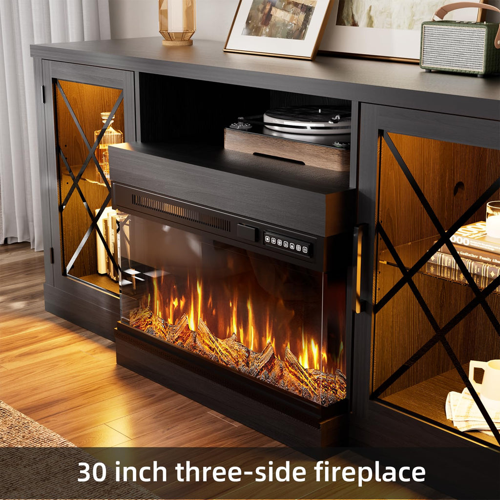 59" Fireplace TV Stand, 3 Sided Glass Fireplace Entertainment Center for TVs up to 70'' w/Storage Cabinet, Glass
