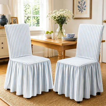 Ruffled Dining Chair Covers, Set of 4, Blue Stripe