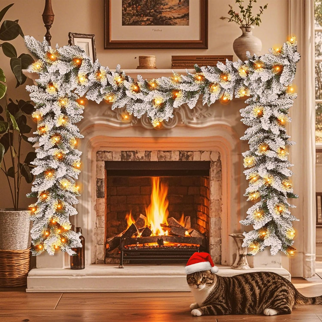 Flocked Christmas Garland with Lights,9FT Pre-Lit White Snow Garlands with 240 PVC Tips,Frosted Garland