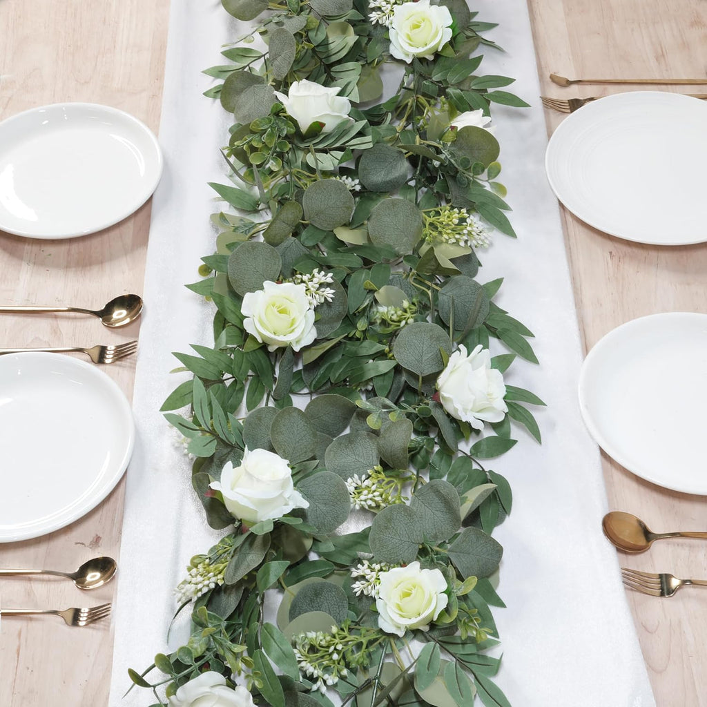 Artificial Spring Eucalyptus Flower Garland with White Roses, 13Ft Fake Flower Greenery Floral Green Garland - Set of 2