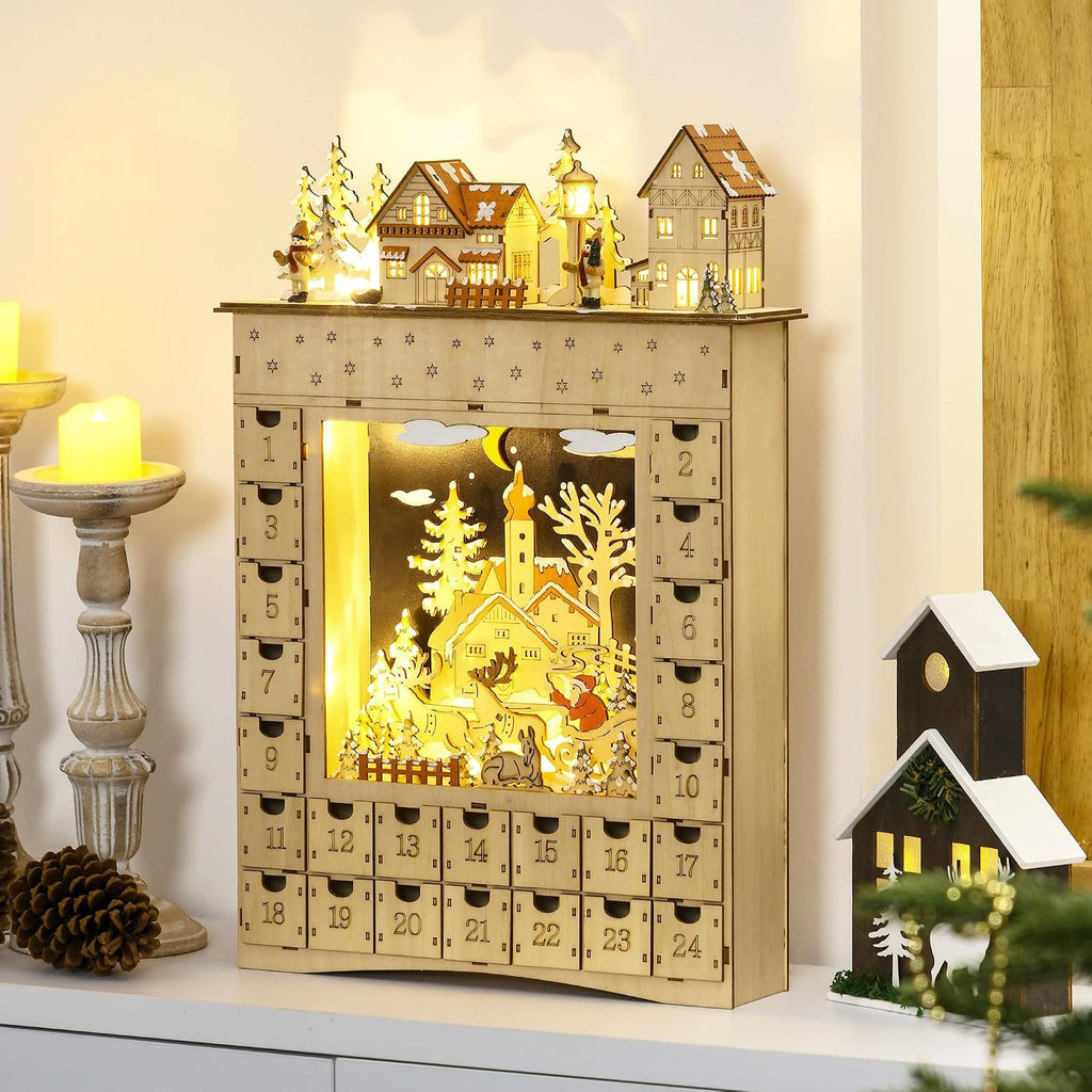 Christmas Advent Calendar Light Up 24 Countdown Drawers Natural