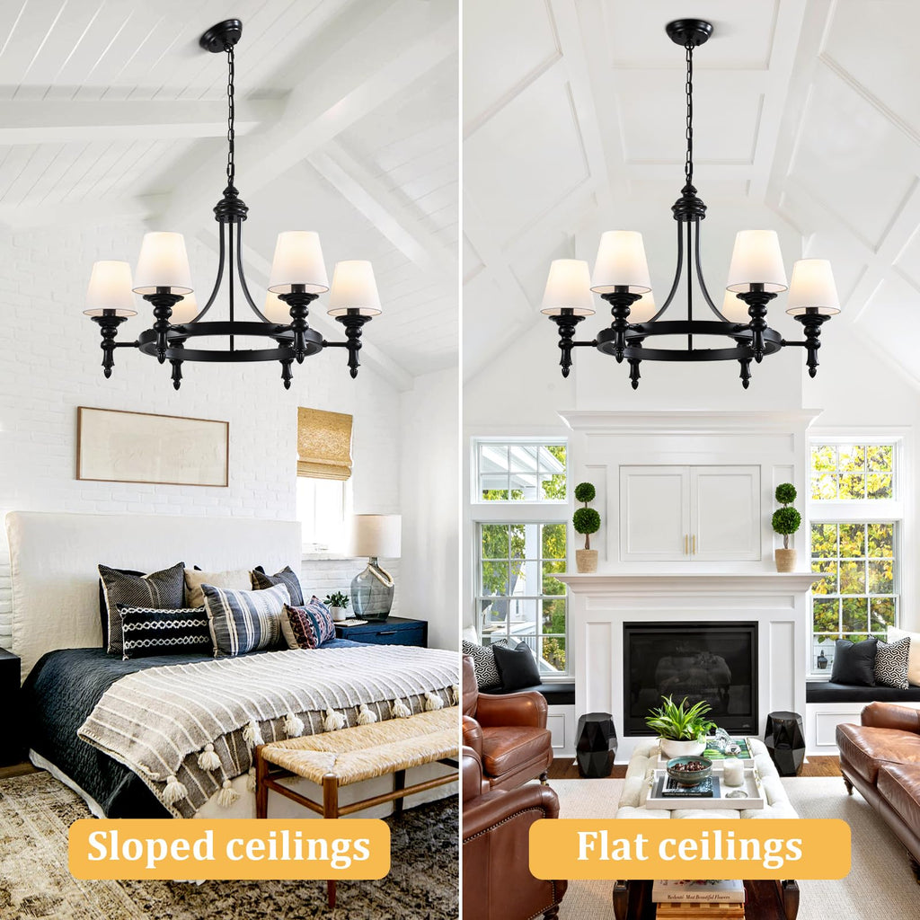 29.9" Black Wagon Wheel Chandelier 6-Light Modern Farmhouse Chandeliers with White Fabric Shades Rustic Hanging