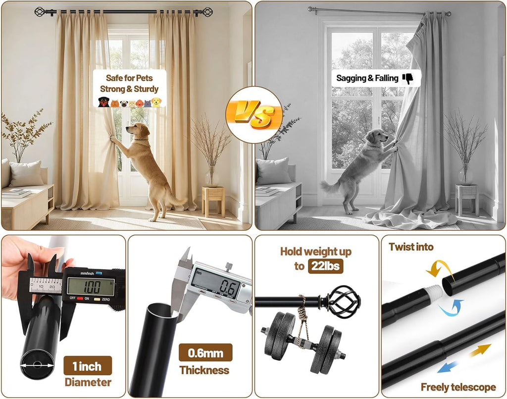 Black Curtain Rods for Windows 72 to 144 Inch, Long Drapery Rods | 1 Inch Heavy Duty, Single Curtain Pole, Easy Wall