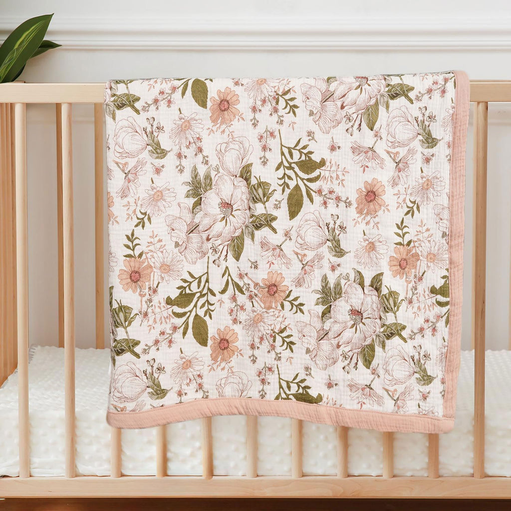 Jump 2 Layers Muslin Cotton Baby Blankets - Vintage Floral Toddler Quilt Crib Blanket - Gender Neutral Crib Blanket