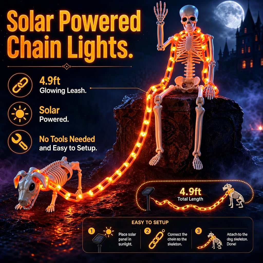 3Ft Skeleton & Dog Skeleton with Light Chain, Outdoor Halloween Decorations