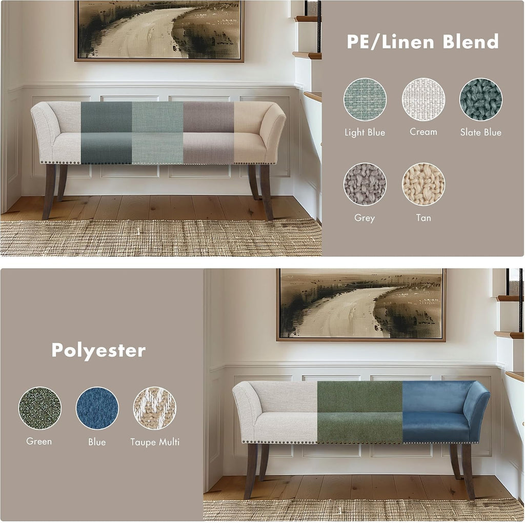 Accent Bench , Upholstered with Nailhead Trim, & Padded Seat Entryway Bench Small, End of Bed Bench with Back, 49.5"