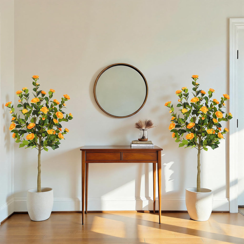 5ft Artificial Camellia Tree with Silk Orange Flowers, 60in Faux Camellia Plant with Lifelike Trunk, Fake Flower Tree