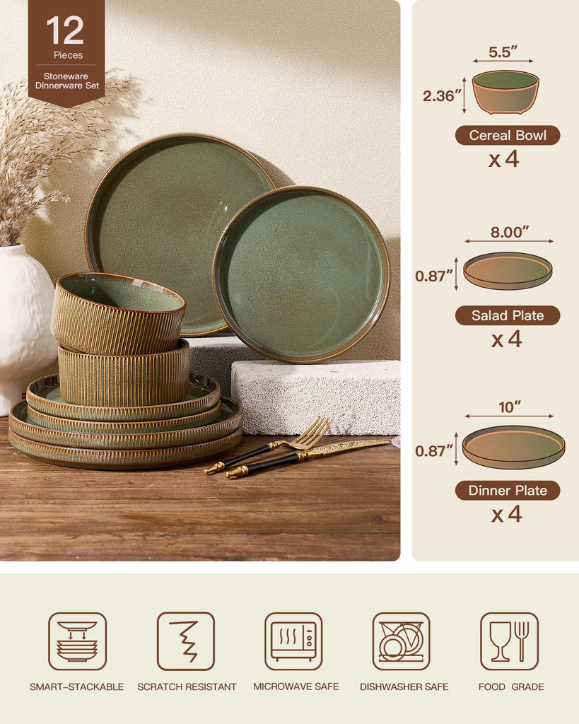Dinnerware Set for 4, Reactive Glaze Plates and Bowls Sets