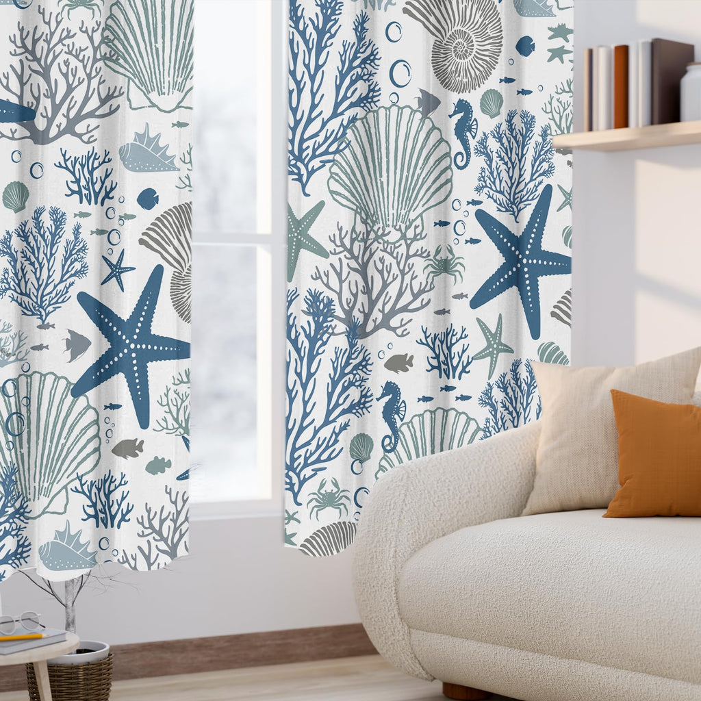 Coastal Curtains, Summer Beach Curtains for Windows, Blue Starfish Window Curtain Ocean Shell Nautical Curtain 42 x