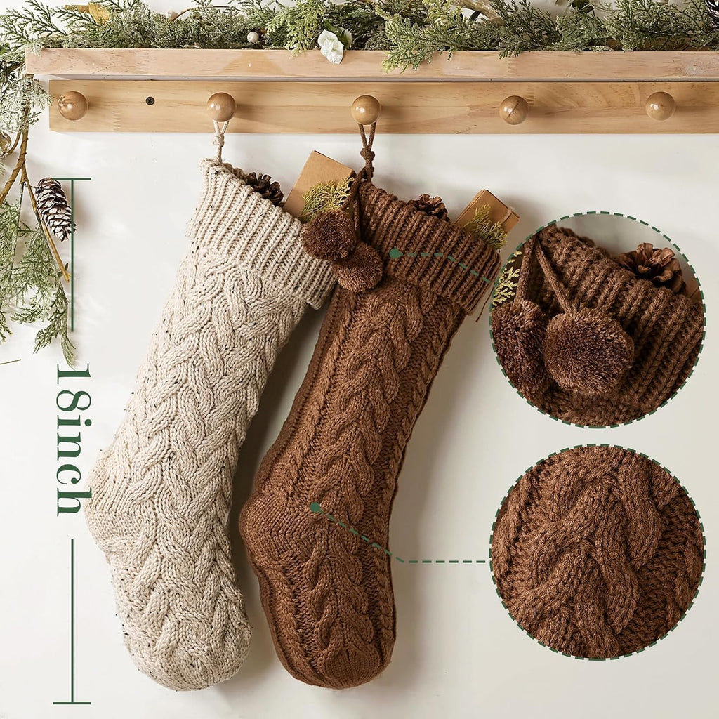 Farmhouse Knitted Personalised Christmas Stockings: 4 Pack 18 Inch Rustic Neutral Cable Knit Fireplace Stockings - Set of 4