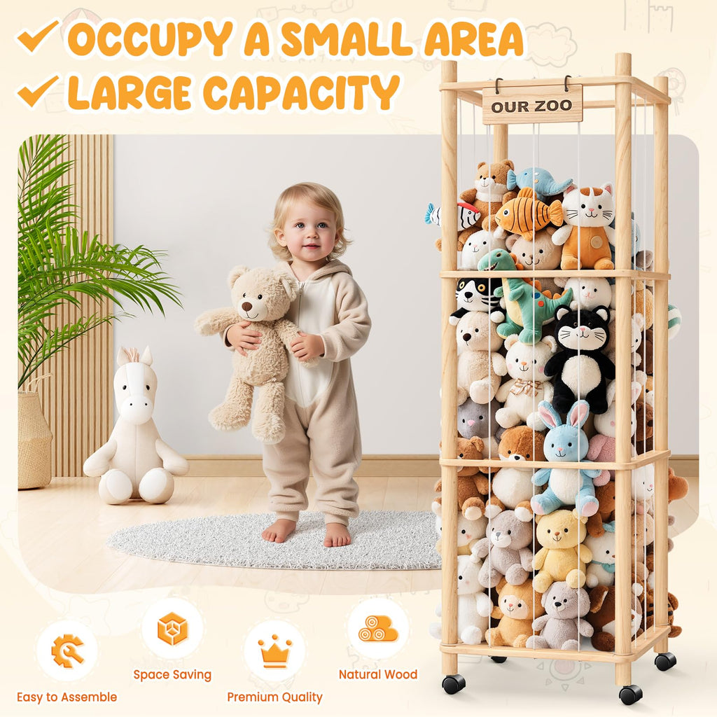 Stuffed Animal Storage Organizer with Wheels, Plush Storage Cage