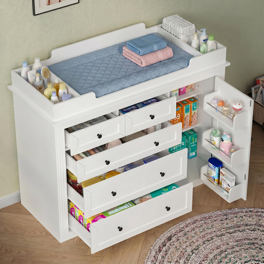 47"Baby Dresser with Large Table Top, White Baby Changing Table with Drawer