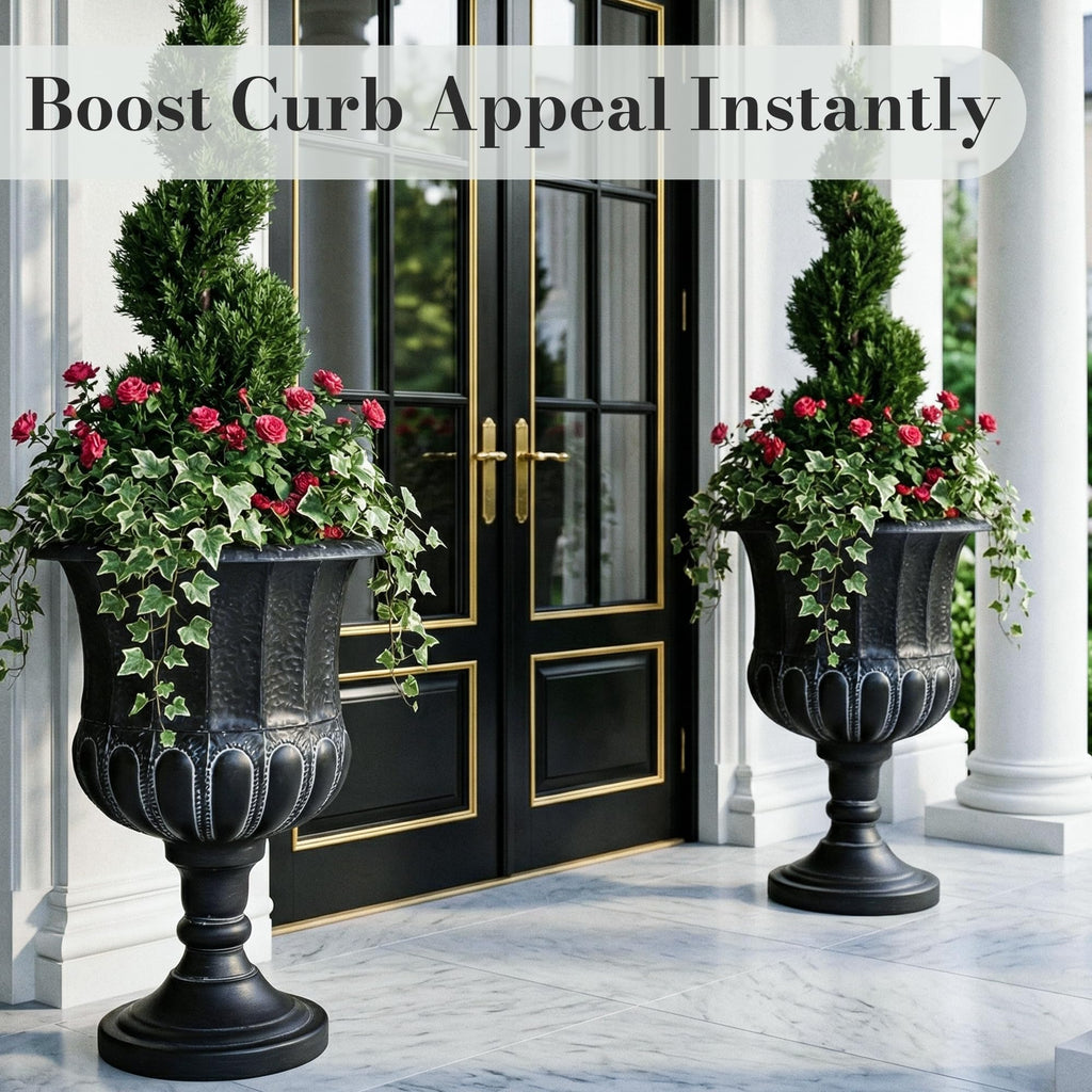 25" H. Metal Urn Planters 1-Pack - Black Classic Antique Iron Plant Pots - Large Decorative Rustic Flower Pots for