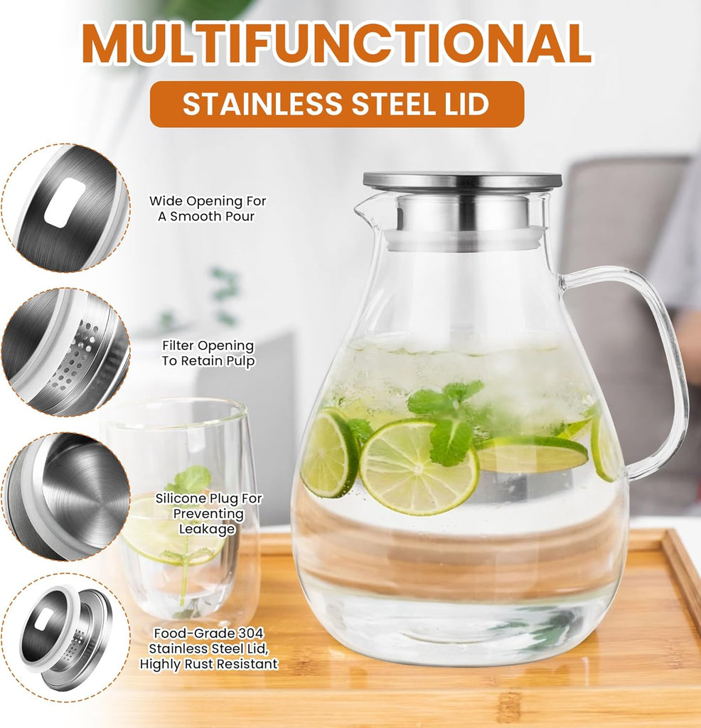 3 Litre 101oz Glass Pitcher Jar with Lid and Nozzle, 3.17Quart Cold/Hot Water Glass Water Bottle, Ice Tea for