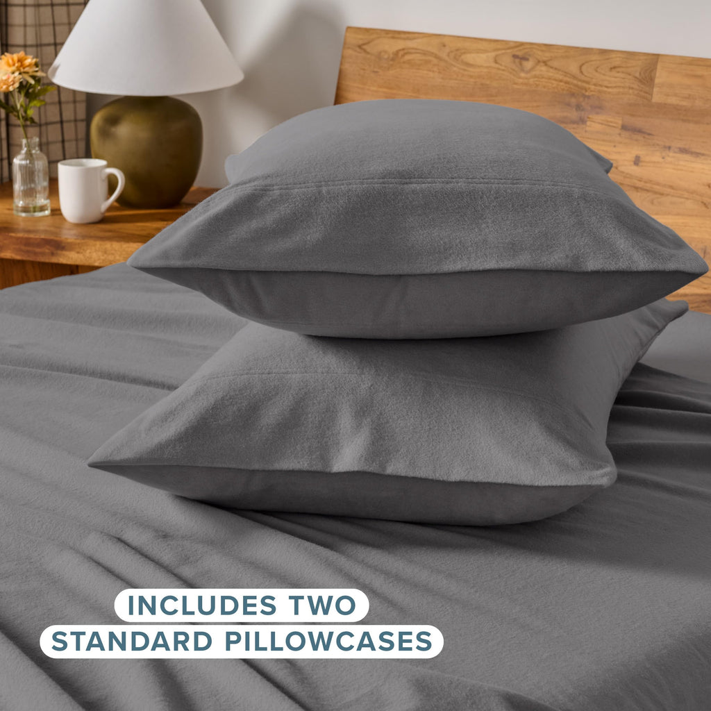 Flannel Pillowcases 100% Cotton (King Set of 2, Grey)