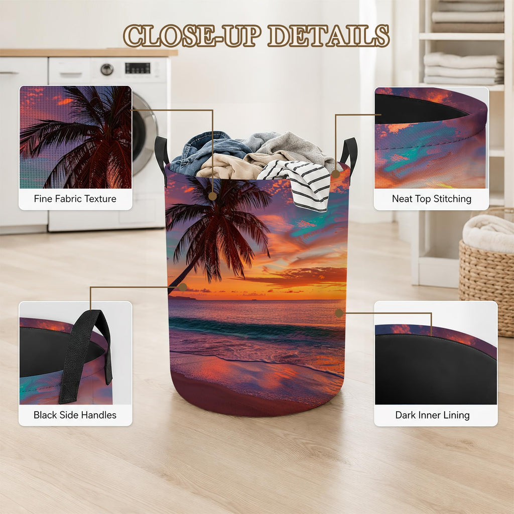 Hamper, Tropical Beach Collapsible Sunset Palm Laundry Baskets Waterproof Oxford Cloth With Handles, Clothes Storage