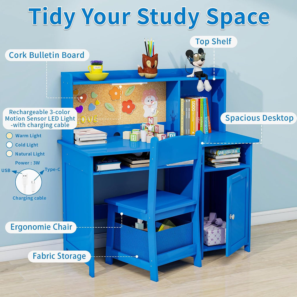 Wooden Kids Study Desk and Chair Set with Hutch and Storage Ages 3-10, Blue