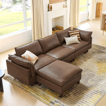 127" Leather Super Large Sectional Couches, Modular Sectional Sofa, Premium Genuine Leather Sofa, Down Filled, High