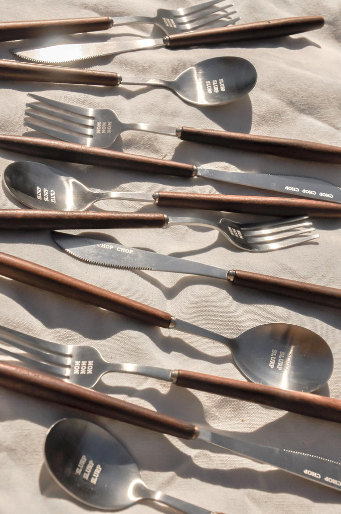 Fun Lightweight Stainless Steel Flatware Set with Walnut (4 Sets, NOM CHOP SLURP)