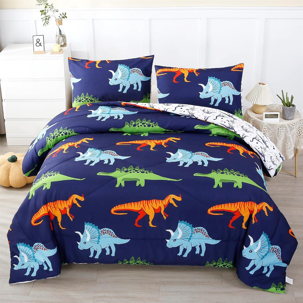 Cartoon Dinosaur Comforter Set, Dark Blue Dinosaur Kids Bedding Set for Boys, Dinosaurs Print Comforter Sets for
