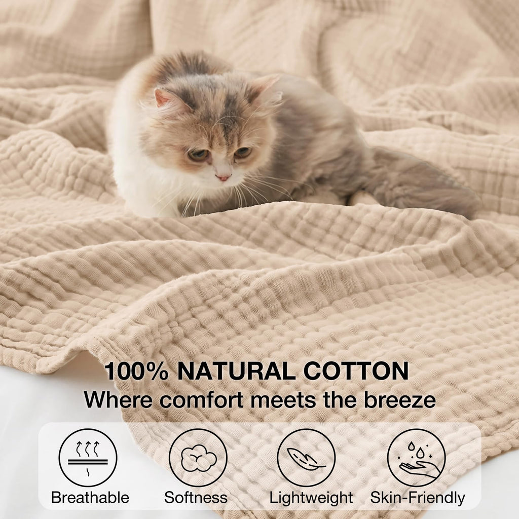 100% Cotton Muslin Blanket for Adults, 6-Layer, 90 x 90, Beige Linen