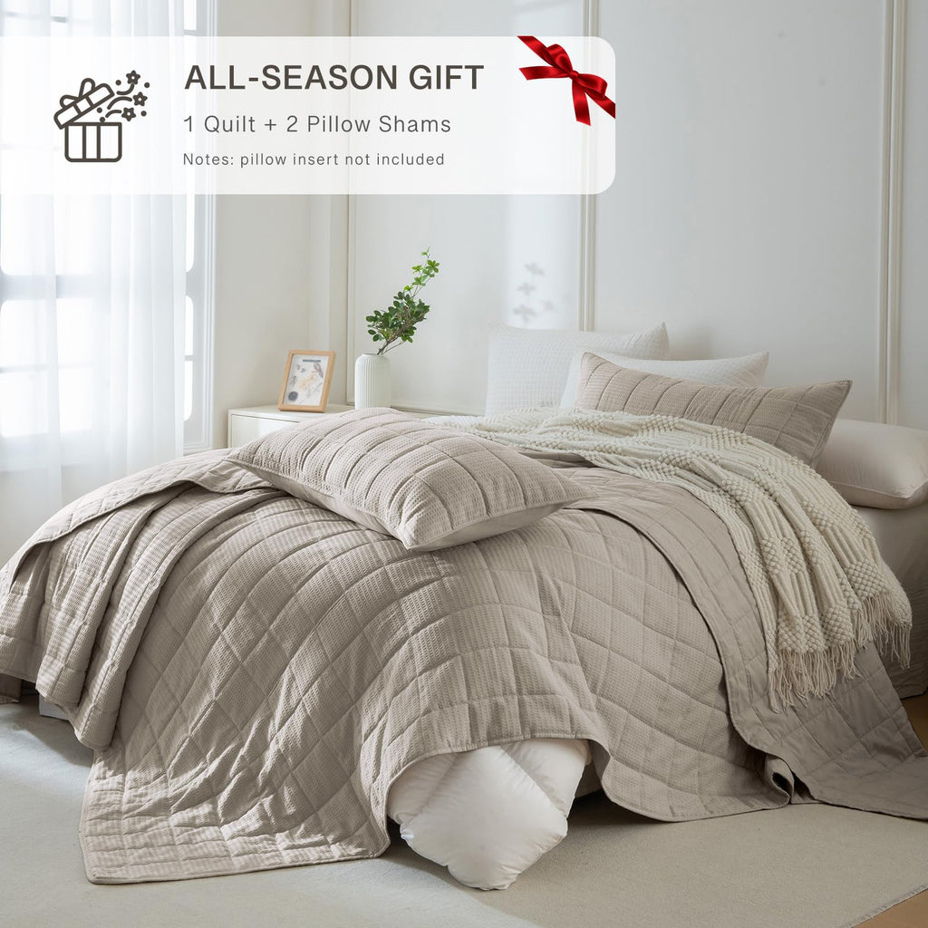Quilt Bedding Set(Dark Khaki, 128"x120"), Luxury Waffle Weave Throw Quilt, Soft Lightweight Bedspread