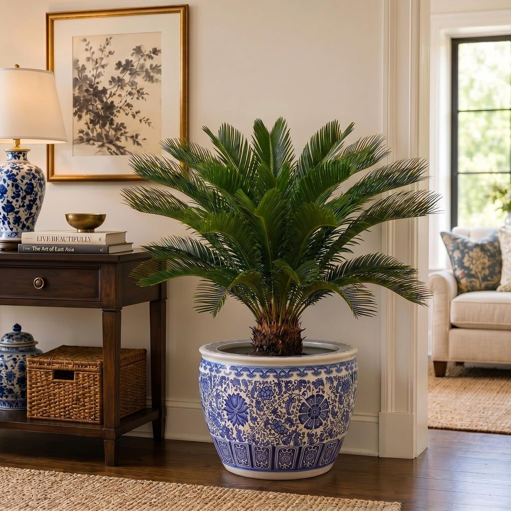 16'' Blue and White Fishbowl Planter Chinoiserie Planter, Retro