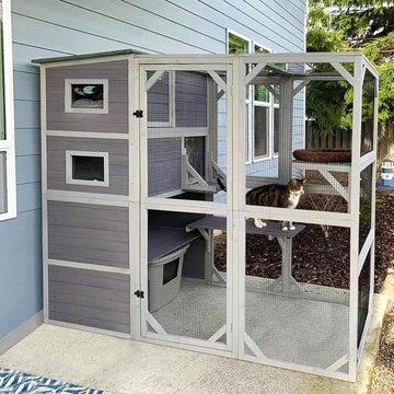Catio Outdoor Cat Enclosure Feral Cat House Large Kitty Shelter with Run Cat Cage with Platforms 76.8" L x 35.8" W x