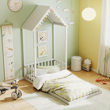 House Bed, Montessori Floor Bed with House Shape Roof & Semi-Fence, Solid Wood Bed Frame Without Slats, Low
