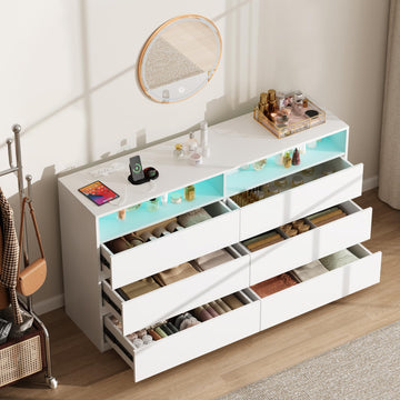 6 Drawer Dresser with LED Light Chest of Drawers with Power Outlet
