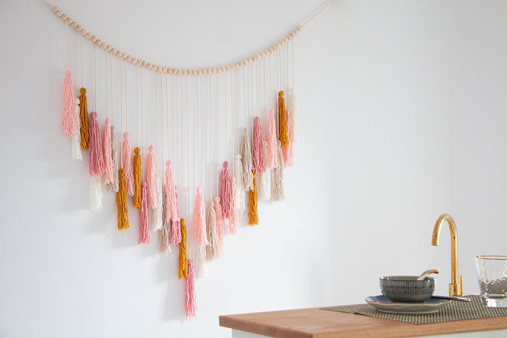 Macrame Wall Hanging - Large Macrame Wall Hanging with Wood Beads - Bohemian Wall Decor - Pink and Gold- 35'' x 36''